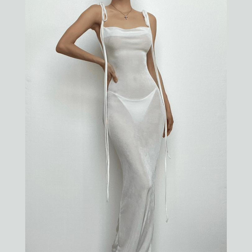 Cowl neck backless self tie solid ruched maxi dress