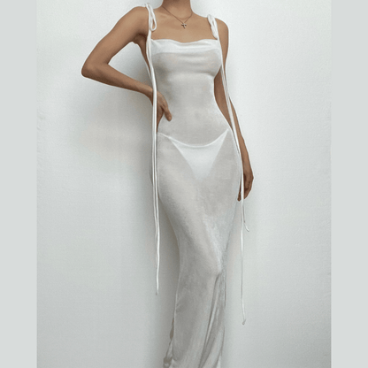 Cowl neck backless self tie solid ruched maxi dress