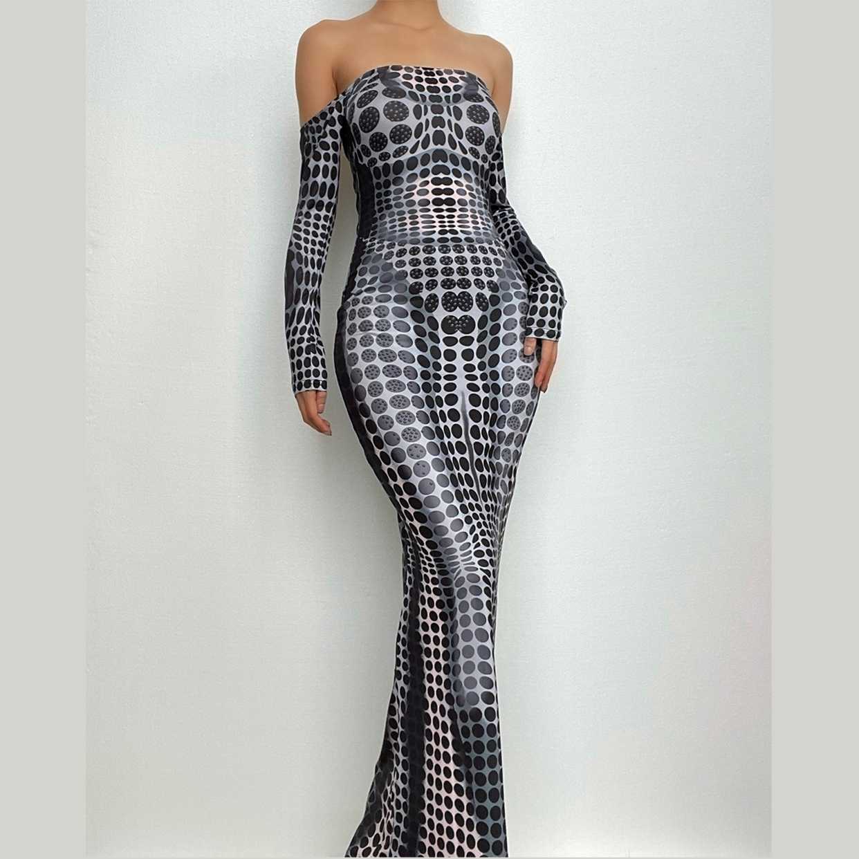 Off Shoulder Optical Illusion Dot Print Long Sleeve Bodycon Maxi Dress