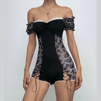Short puff sleeve leopard print lace hem romper