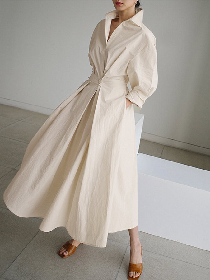 Deep V Collar Long Sleeve Pleated Pocket Midi Shirt Dress