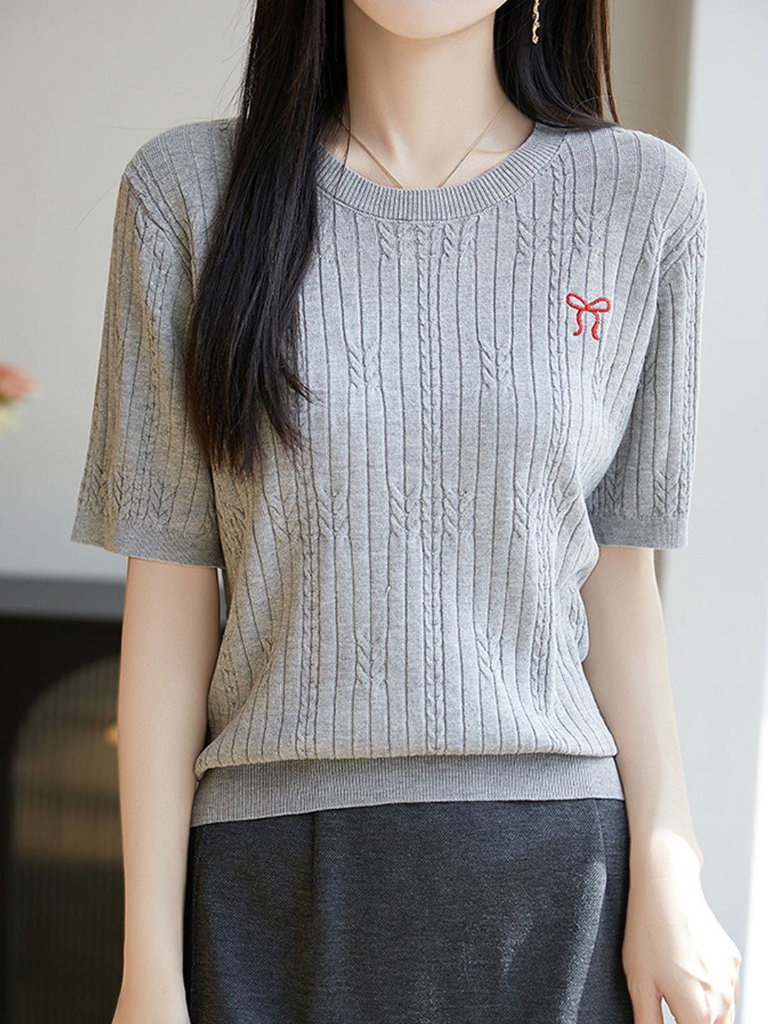 Bella Loose Crew Neck Embroidered Knitted Top