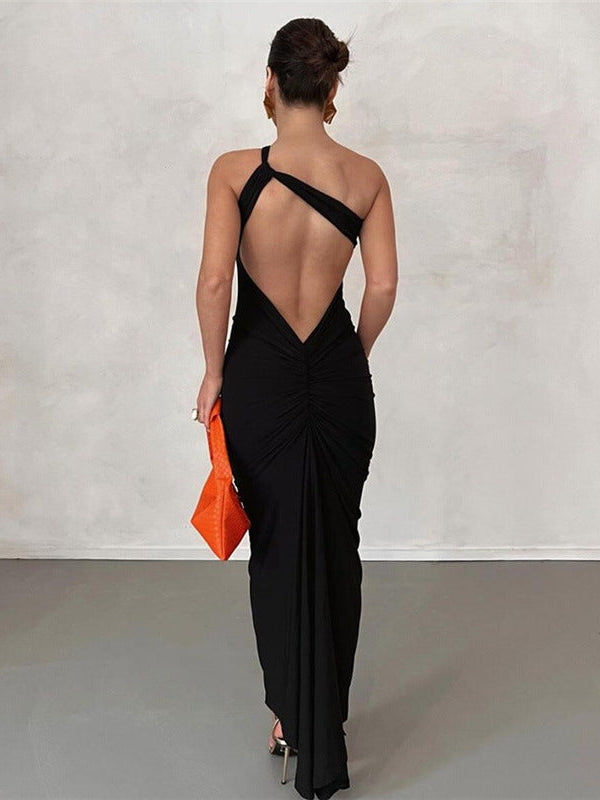 Oblique Twist Shoulder Backless Dress