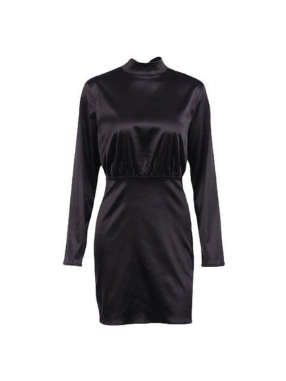 French Turtleneck Backless Lace up Bow A line Dress