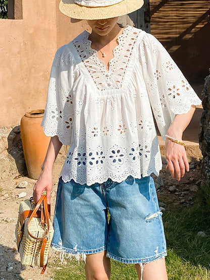 Aaliyah Loose V-Neck Embroidered Hollowed Blouse