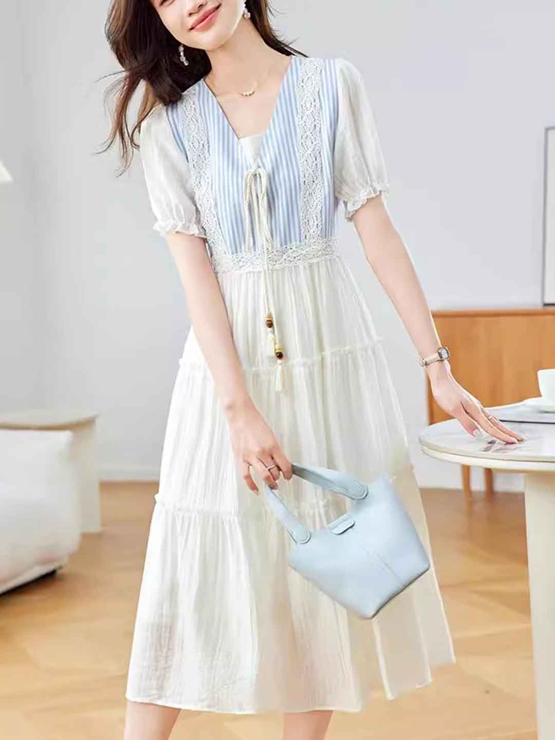 Ariana Classic V-Neck Puff Sleeve Striped Dress