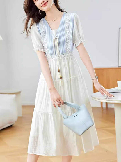 Ariana Classic V-Neck Puff Sleeve Striped Dress