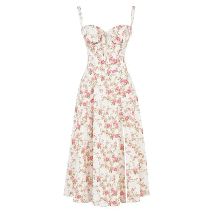 Floral Lace Up Back Spaghetti Strap Corset Fit and Flare Midi Dress