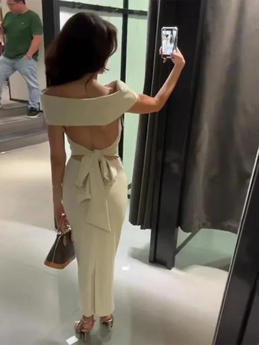 Bhane Off Shoulder Backless Tied Back Slit Dress