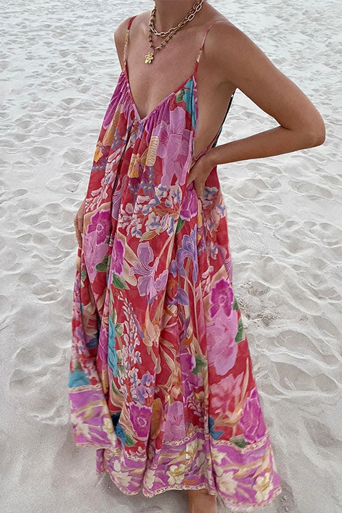 V Neck Spaghetti Strap Backless Floral Print Maxi Vacation Dress
