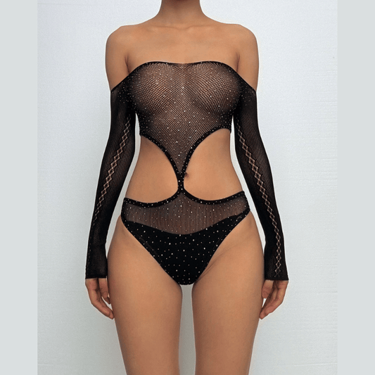 Long sleeve off shoulder mesh rhinestone bodysuit