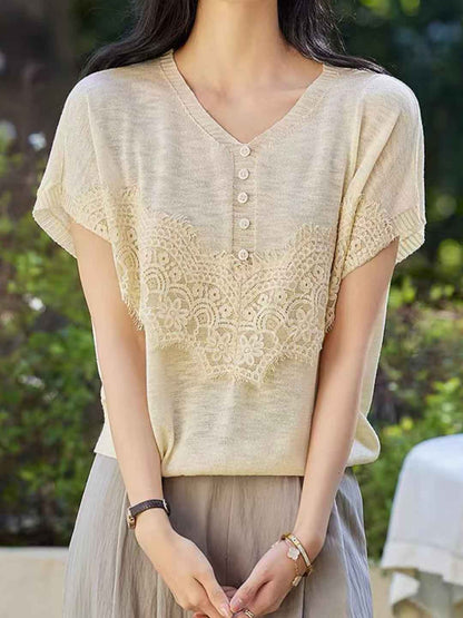 Brooke Vintage V-Neck Lace Panel Knitted Top