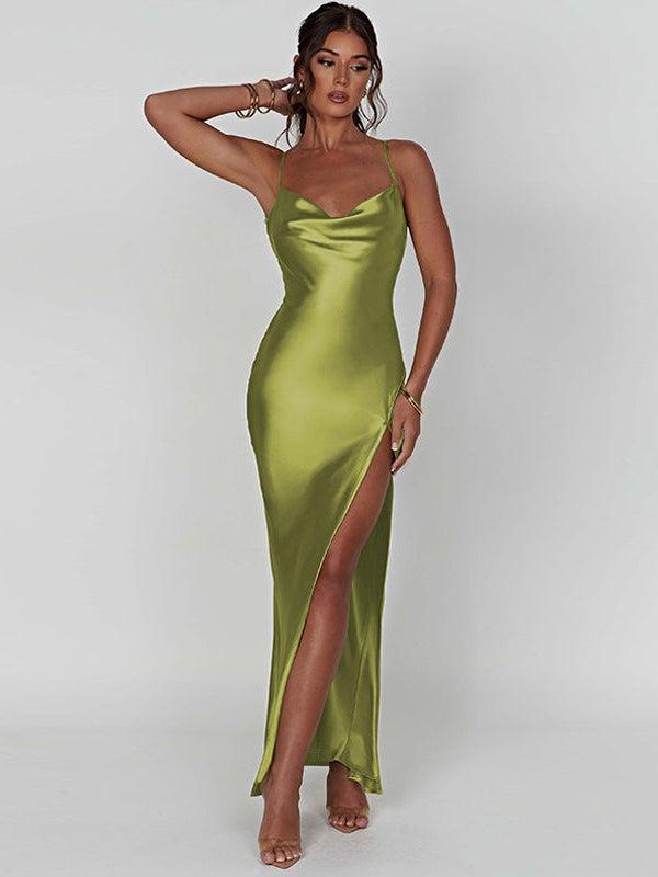 Spaghetti Strap Cowl Neck Backless Split Dress