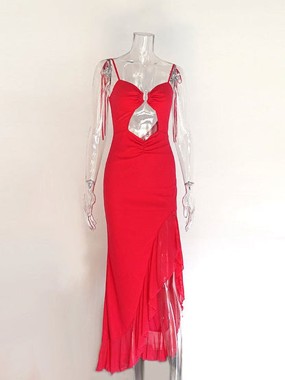 Spaghetti Strap Lace Backless Cutout Frill Dress