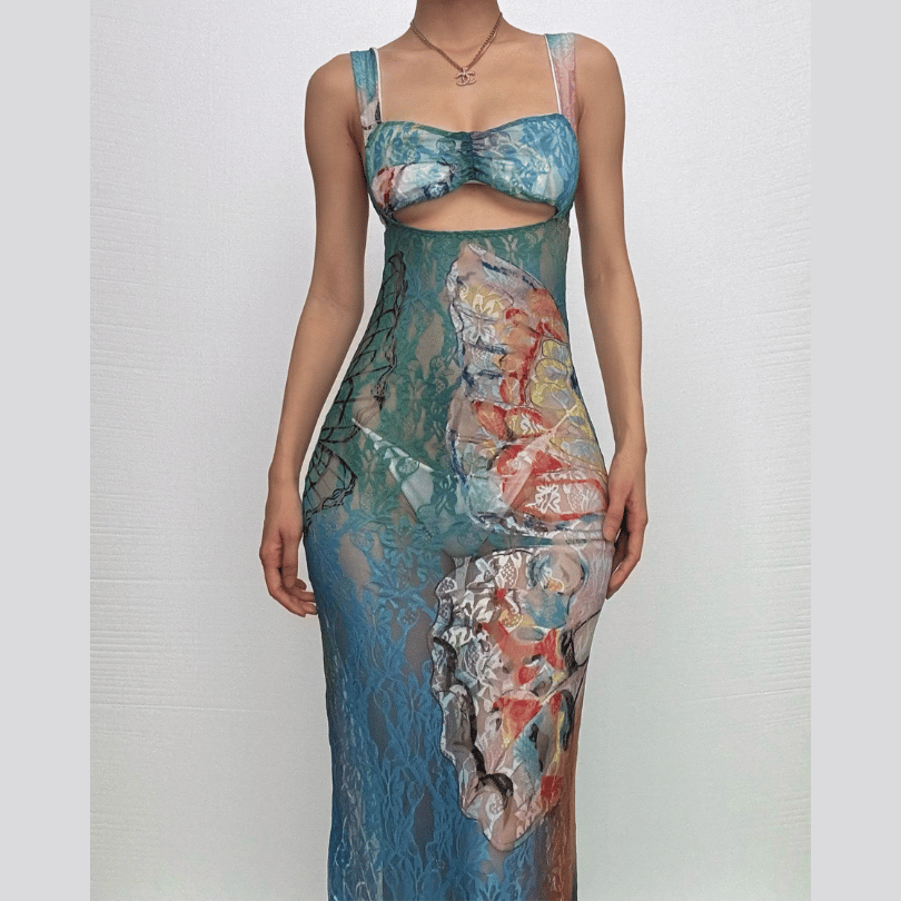 Hollow out butterfly pattern lace tie dye cut out maxi dress