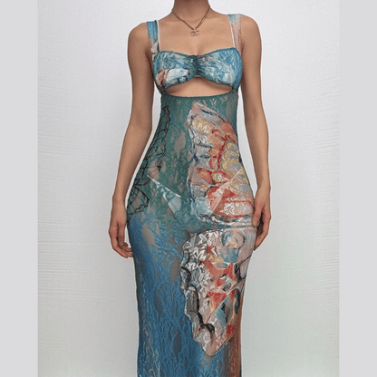 Hollow out butterfly pattern lace tie dye cut out maxi dress