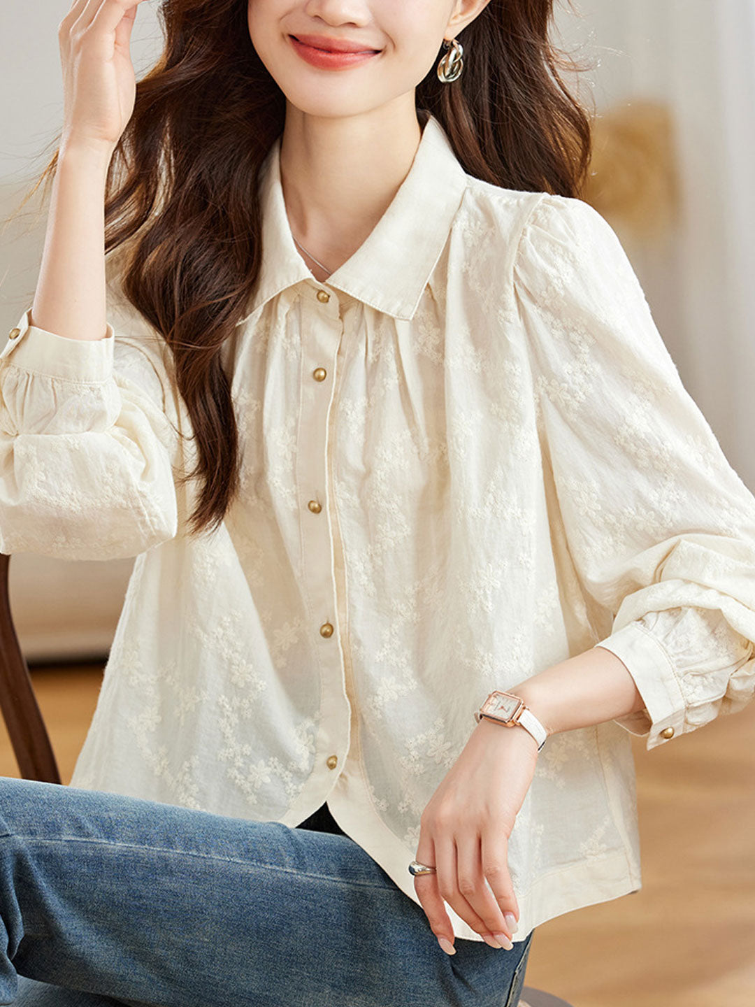 Ariana Retro Lapel Floral Embroidered Shirt