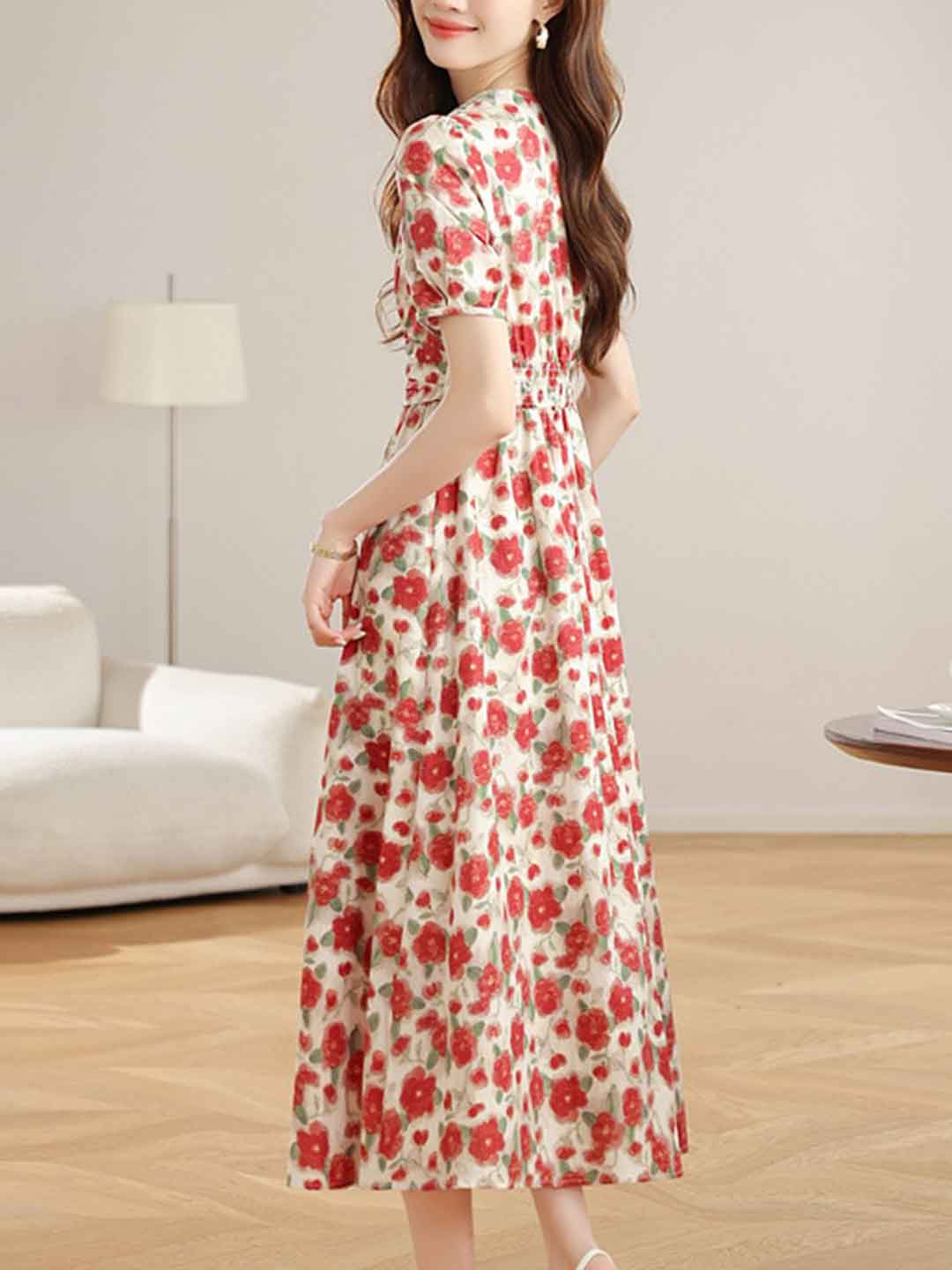 Payton Retro V-Neck Puff Sleeve Floral Printed Dress