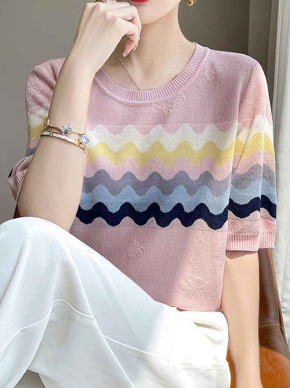 Kylie Loose Crew Neck Contrast Striped Top
