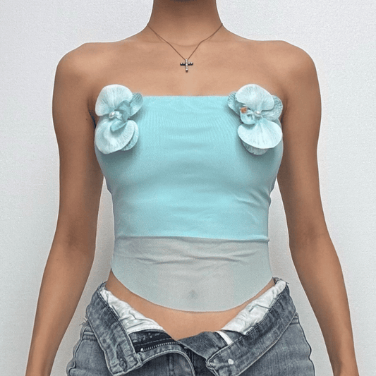 Flower applique mesh patchwork tube top