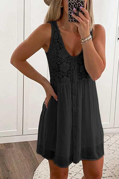 Lace Floral Buttons Swing Tank Dress