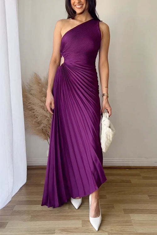 One Shoulder Cut Out Waist Solid Pleated Maxi Dress