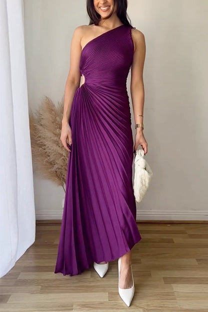 One Shoulder Cut Out Waist Solid Pleated Maxi Dress