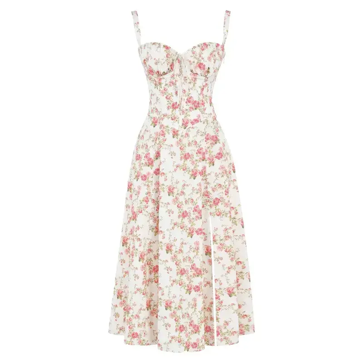 Floral Lace Up Back Spaghetti Strap Corset Fit and Flare Midi Dress