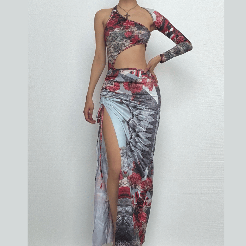 Irregular print contrast drawstring ruched high slit hollow out cut out maxi dress