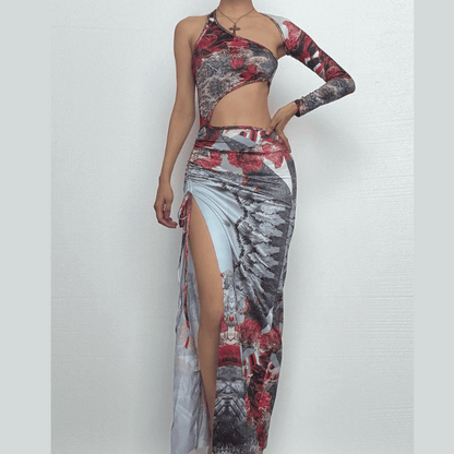 Irregular print contrast drawstring ruched high slit hollow out cut out maxi dress