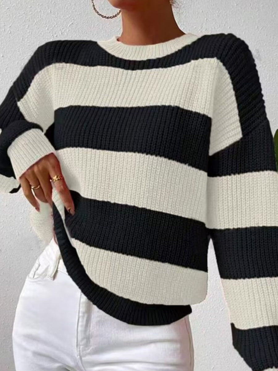 Stripes Contrasting Colors Dropped Shoulder Sleeves Loose Sweaters