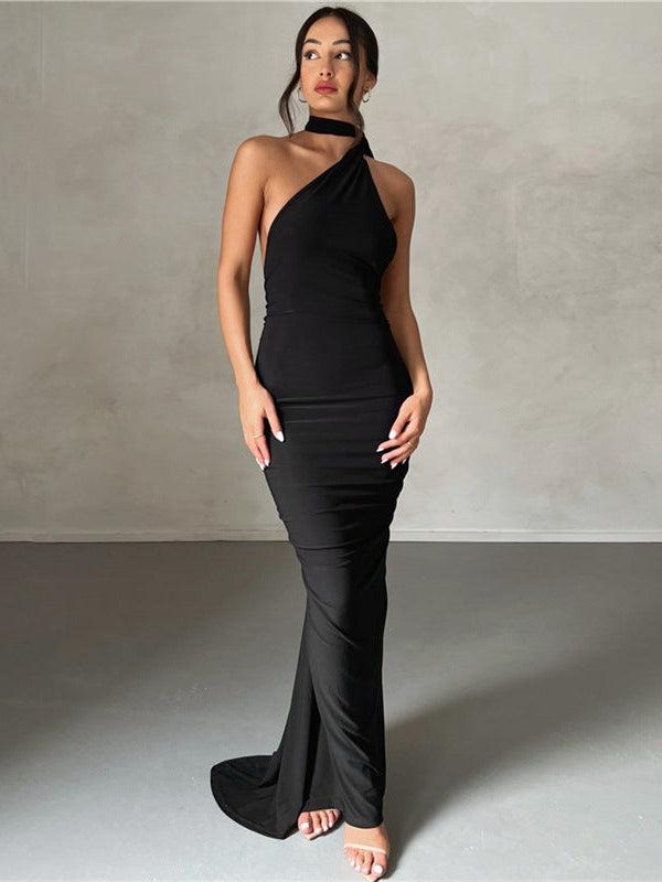 One Shoulder Backless Ruched Maxi Dress