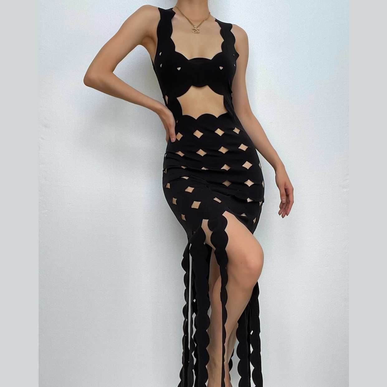 Hollow out backless sleeveless low cut solid cut out maxi dress-final-sale