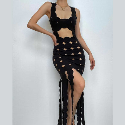 Hollow out backless sleeveless low cut solid cut out maxi dress-final-sale