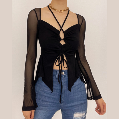 Mesh hollow out slit drawstring long sleeve halter self tie crop cut out top