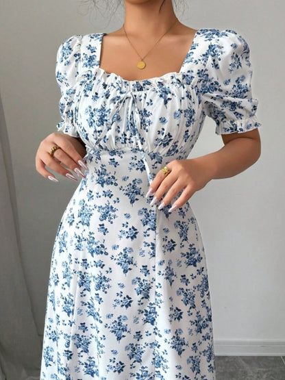 Floral Short Sleeve Square Collar Ruffle Vacation And Leisure Maxi Dresses
