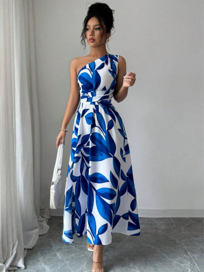 Sloping Shoulders Printed Slit Vacation Leisure Maxi Dresses