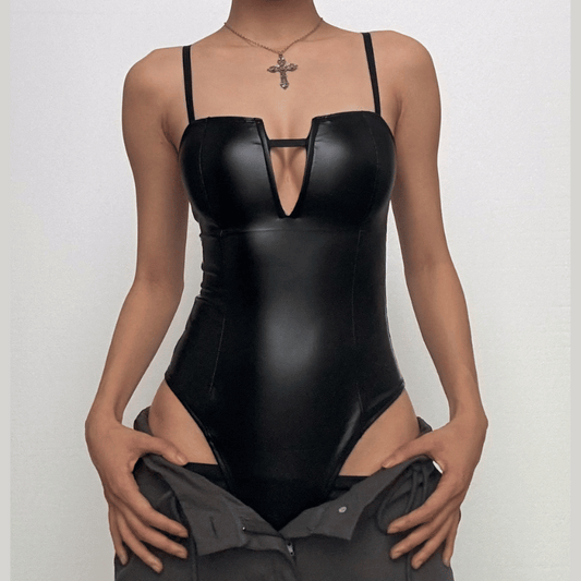 Notch neck solid backless PU leather cami bodysuit