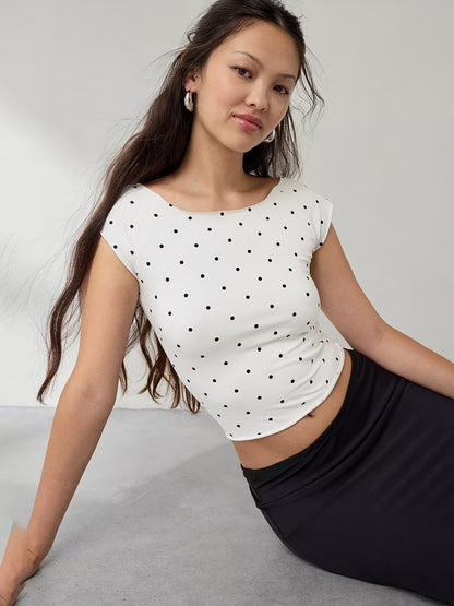 Polka Dots Boat Collar Short Sleeves T-shirts