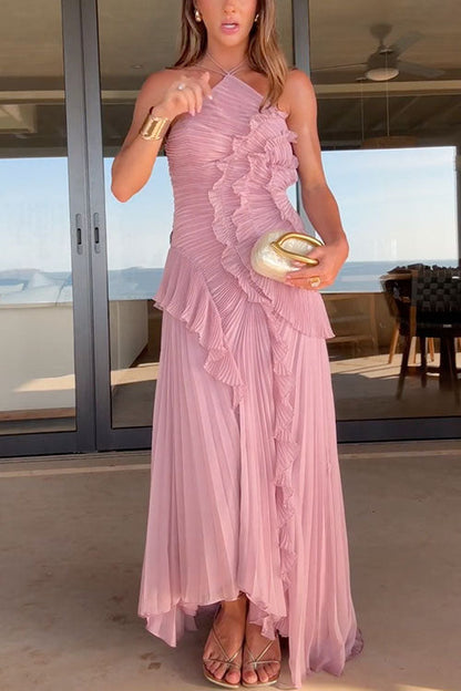 Meridress Strappy Halter Neck Ruffle Trim Asymmetric Hem Pleated Maxi Dress