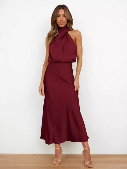 Satin Sleeveless Solid Color Halter Neck Long Dress