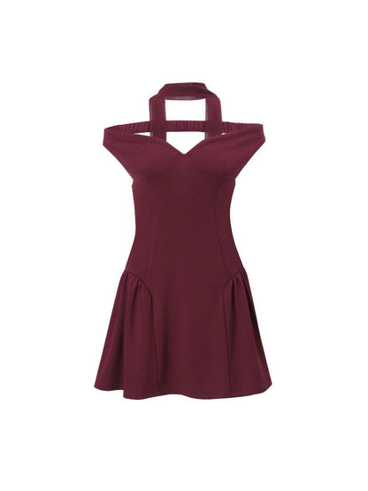 Off Shoulder Deep Neck Flare Short Dress With Scarf