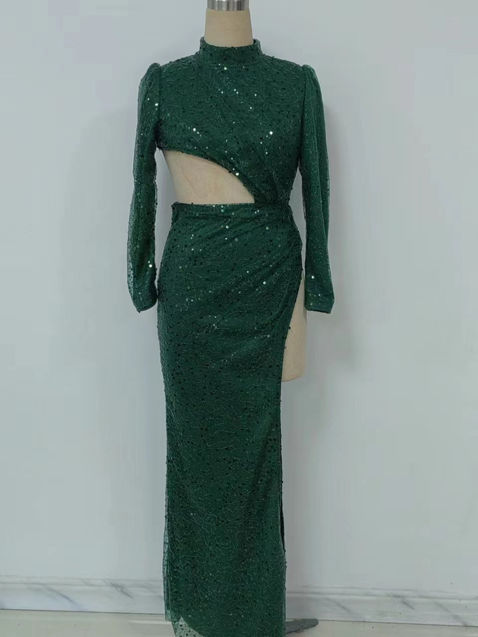 Green Asymmetric Sequins Cutout Cocktail Tail Dress
