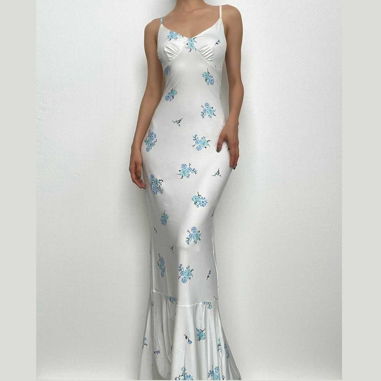 Spaghetti Strap V Neck Ruched Floral Print Mermaid Hem Maxi Dress