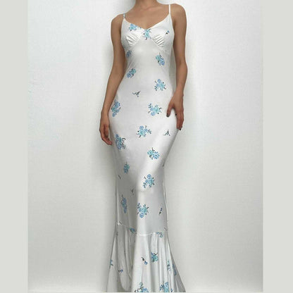 Spaghetti Strap V Neck Ruched Floral Print Mermaid Hem Maxi Dress