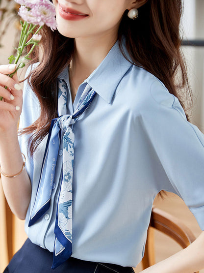 Madison Classic Bow Chiffon Shirt-Blue