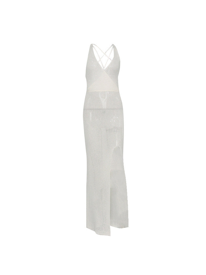 V Neck Backless Lace Up Beach Strap Dress