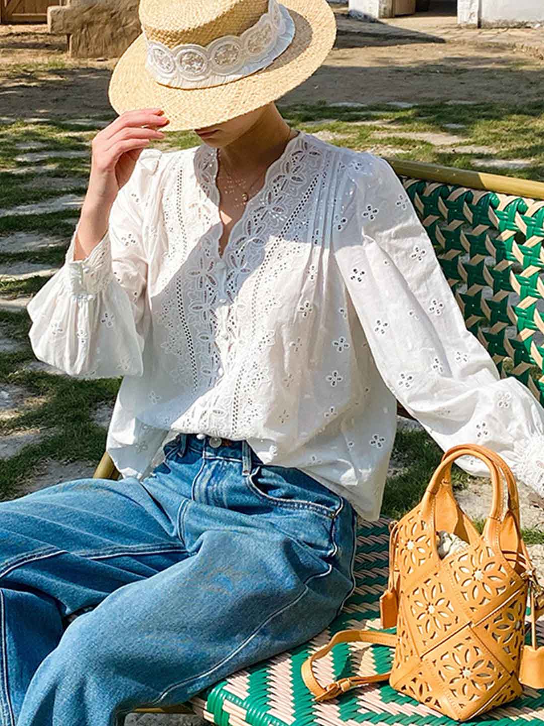 Aubrey Loose V-Neck Puff Sleeve Embroidered Top
