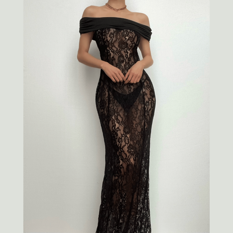 Off Shoulder Floral Lace Sheer Bodycon Floor Length Maxi Dress