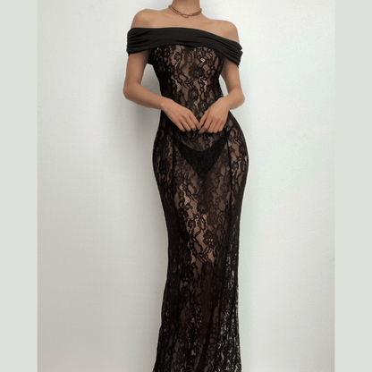 Off Shoulder Floral Lace Sheer Bodycon Floor Length Maxi Dress